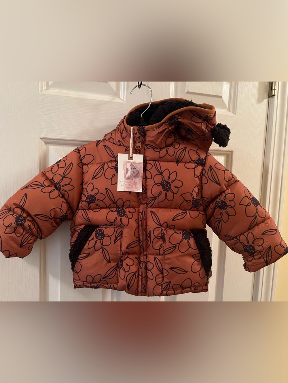 Kids Jessica Simpson Floral Puffer Jacket with Black Sherpa Lining. Sz 12mo. NWT